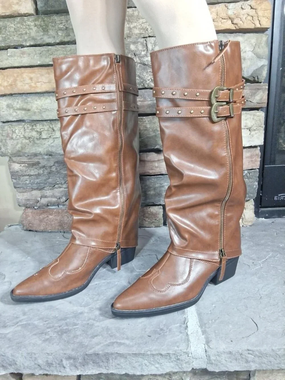 Women's Brown pu Manmade Knee High Fold Over Studded Chunky Heel Shark Boots